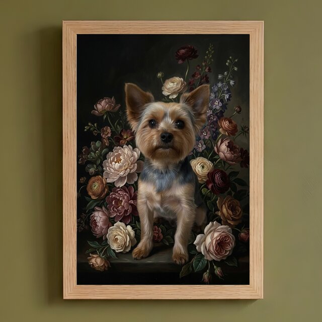 犬（ヨークシャーテリア）の花に囲まれた油絵風アート A4額装
