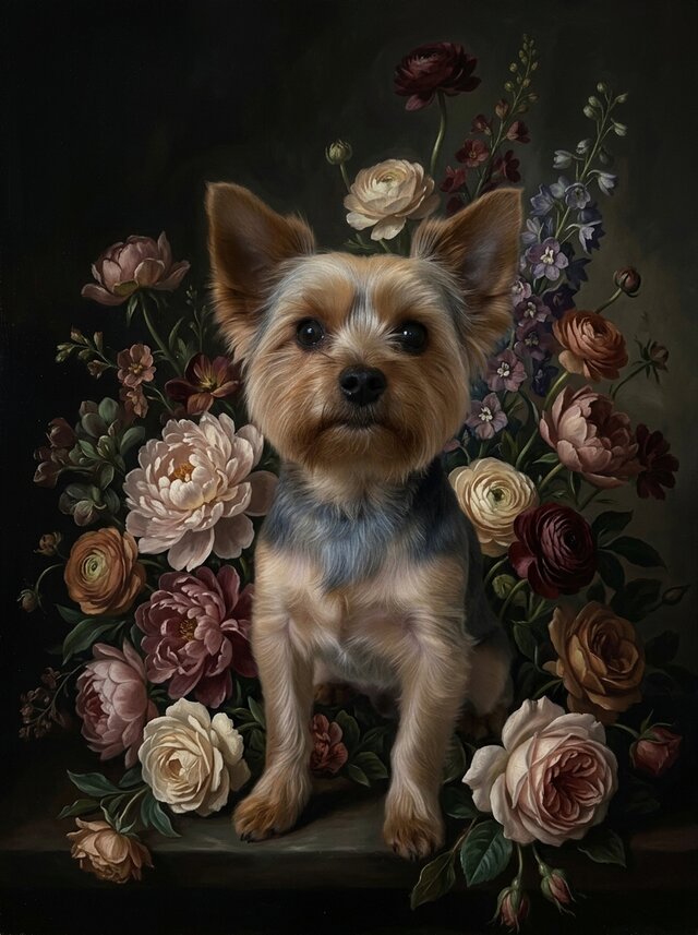 犬（ヨークシャーテリア）の花に囲まれた油絵風アート A4額装