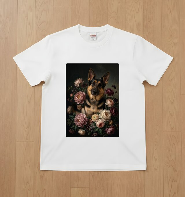犬（ジャーマンシェパード）半袖Tシャツ 花の油絵風アート ホワイト