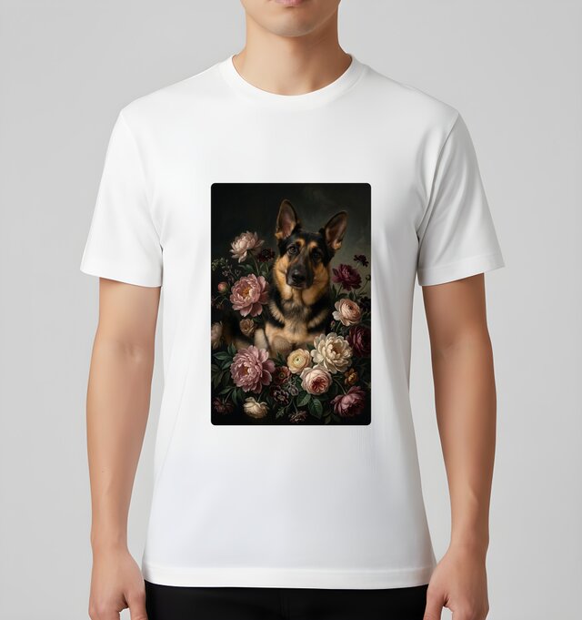 犬（ジャーマンシェパード）半袖Tシャツ 花の油絵風アート ホワイト