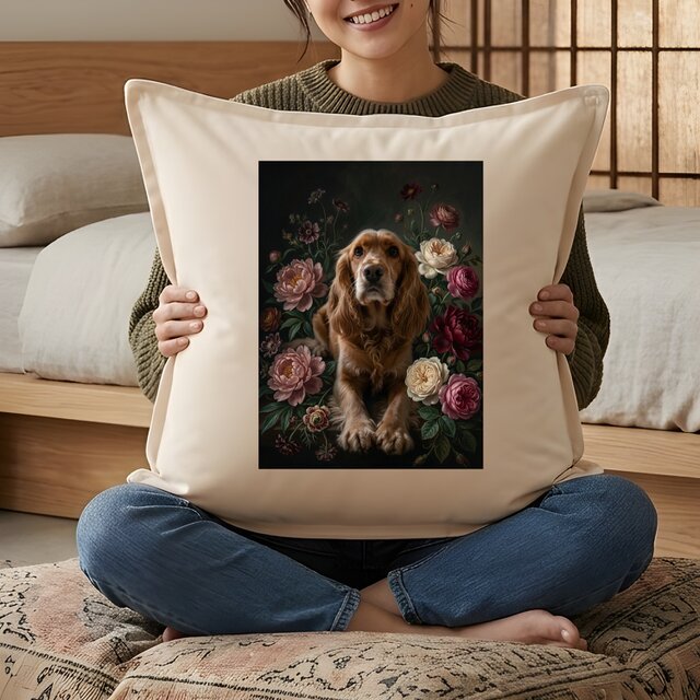 【セール中】C .Koziel イングリッシュコッカースパニエル　クッション 犬（コッカースパニエル）クッション 45cm 花の油絵風カラーアート