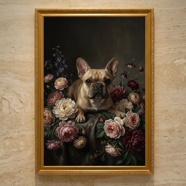 犬（フレンチブルドッグ）の花に囲まれた油絵風アート A3額装