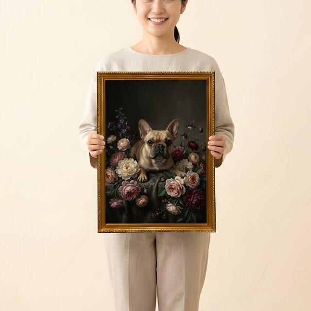 犬（フレンチブルドッグ）の花に囲まれた油絵風アート A3額装