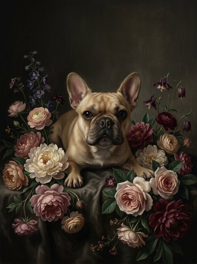 犬（フレンチブルドッグ）の花に囲まれた油絵風アート A3額装