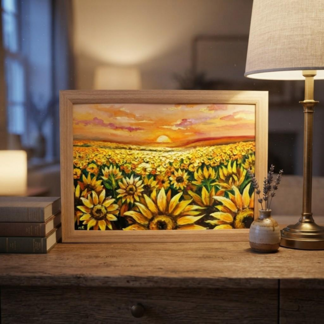 油彩画「陽光のシンフォニー」ひまわり畑と夕景（A4サイズ・ナチュラル