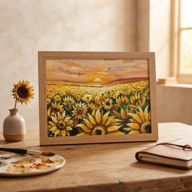 油彩画「陽光のシンフォニー」ひまわり畑と夕景（A4サイズ・ナチュラル