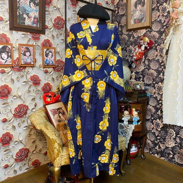 浴衣リメイク ロング ワンピース ドレス 帯サッシュベルト付 和洋折衷