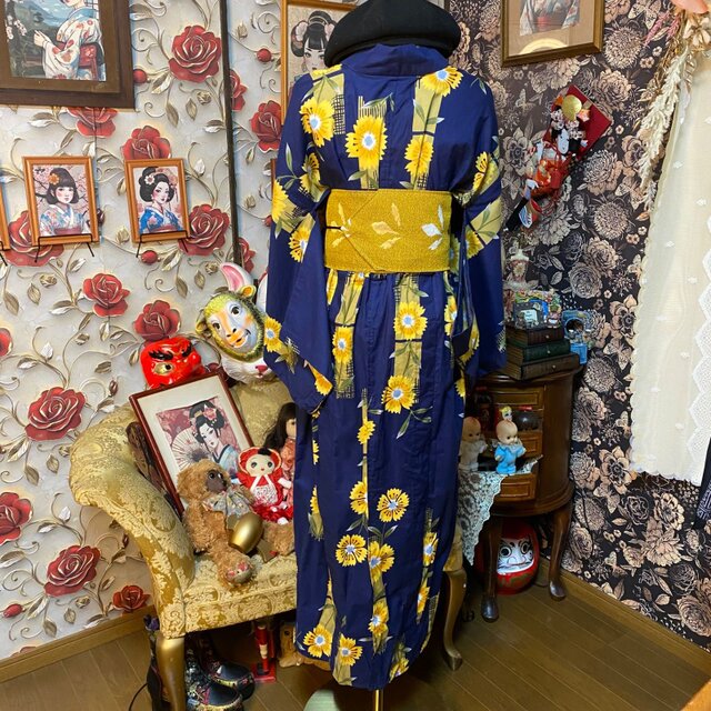 浴衣リメイク ロング ワンピース ドレス 帯サッシュベルト付 和洋折衷