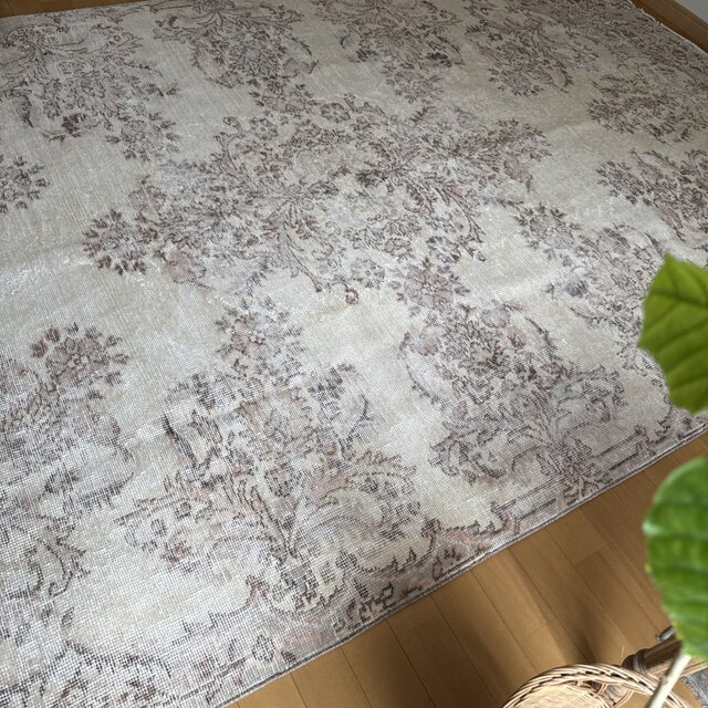 大きめ63×119上質くすみ大人ピンク　グレーメダリオン　トルコヴィンテージラグ 超大判173×272 アイボリー×淡いピンク メダリオン トルコヴィンテージ