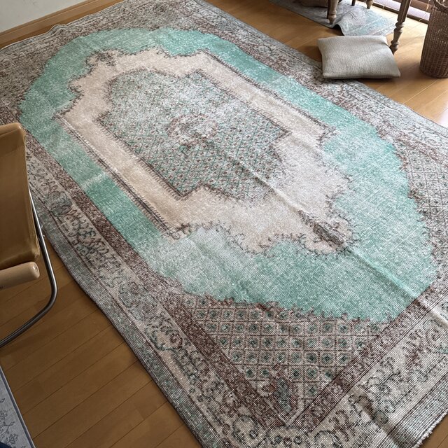超大判 266×157 shabby chic トルコ ヴィンテージラグ 超大判154×274ミントグリーン×ブラウン トルコヴィンテージラグ