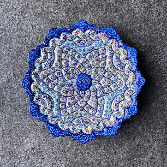 ペルシャのエナメル皿（ミーナーカーリー）飾り皿 Φ20cm 壁飾り