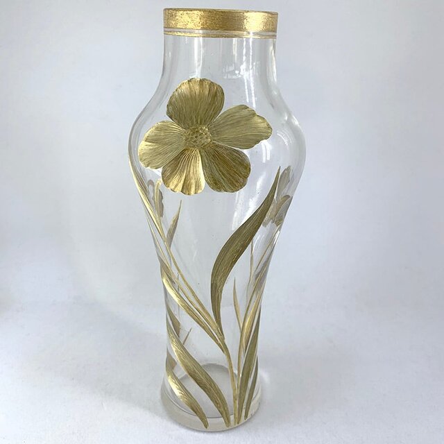 フラワーベース 花瓶 アンティークガラスウェア アールヌーヴォー 金彩