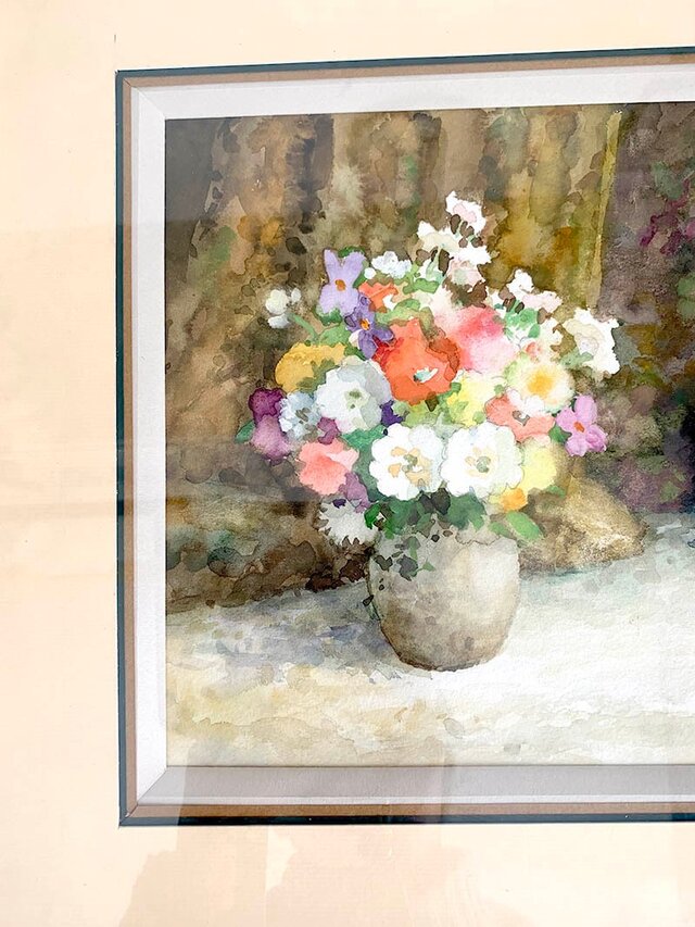 水彩画 花瓶の花 静物画 額装 F6サイズ 絵画 水彩画 花瓶の花 花と本 額付き フランス額装店サイン入り