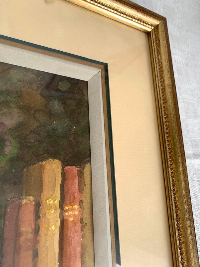 絵画 水彩画 花瓶の花 花と本 額付き フランス額装店サイン入り