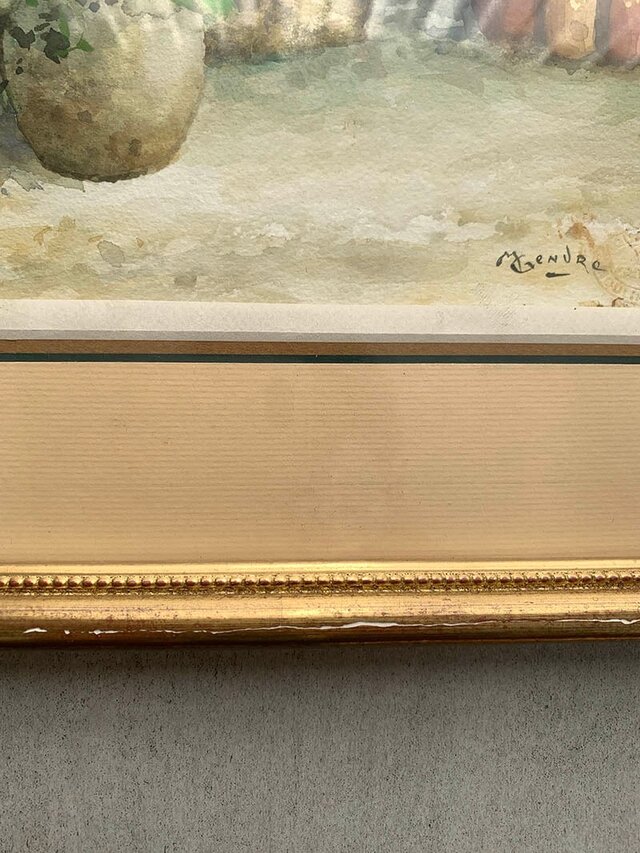 絵画 水彩画 花瓶の花 花と本 額付き フランス額装店サイン入り