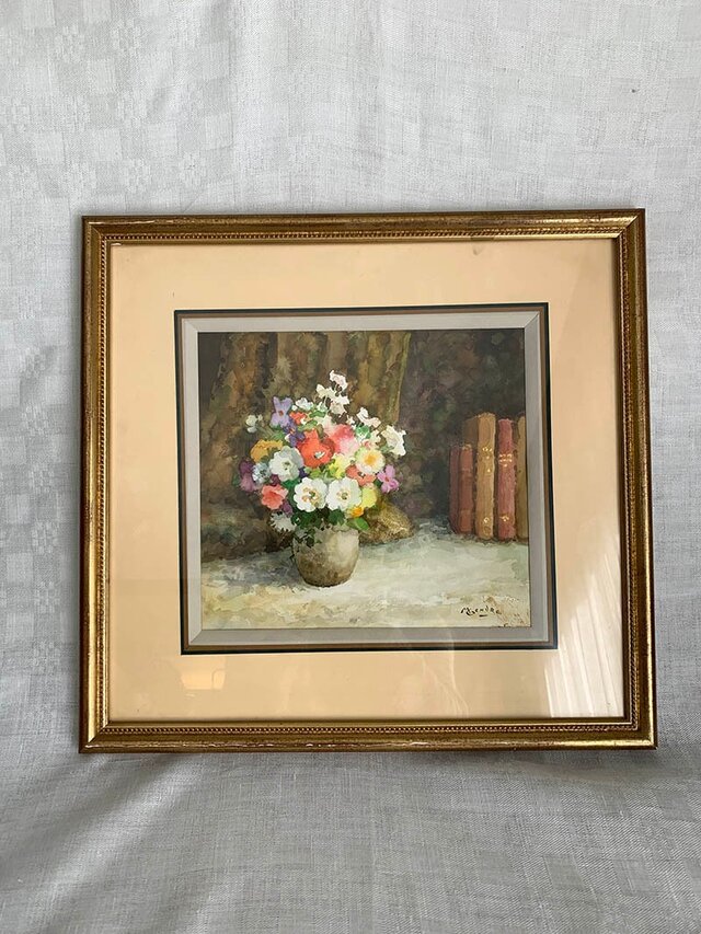 絵画 水彩画 花瓶の花 花と本 額付き フランス額装店サイン入り
