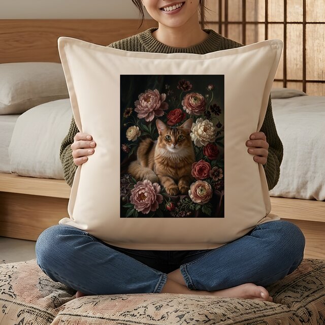 猫（ソマリ）クッション 45cm 花の油絵風カラーアート | iichi 日々の