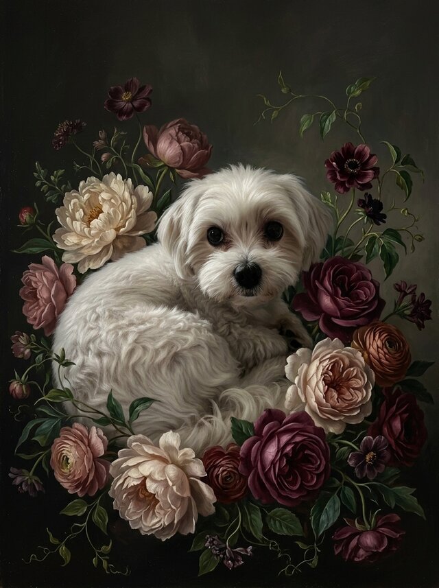 犬（マルチーズ）の花に囲まれた油絵風アート A4額装インテリア壁掛け