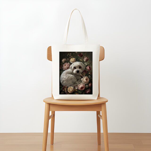 犬（マルチーズ）トートバッグ 花の油絵風アート キャンバス地 | iichi