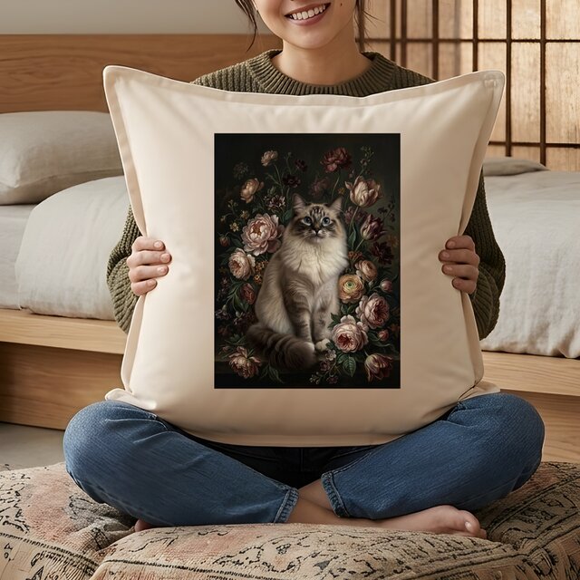 猫（ラグドール）クッション 45cm 花の油絵風カラーアート | iichi
