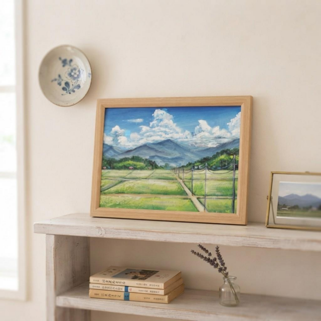 あの夏の帰り道】広がる田園風景と入道雲の油彩画（A4額縁絵画