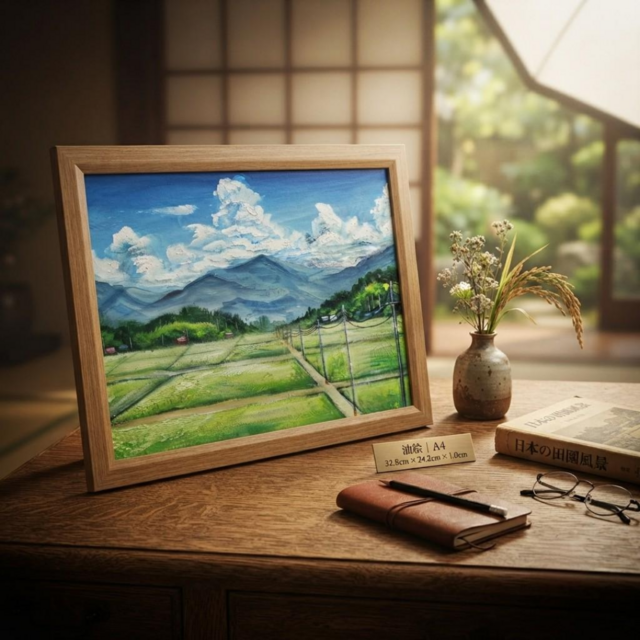 あの夏の帰り道】広がる田園風景と入道雲の油彩画（A4額縁絵画