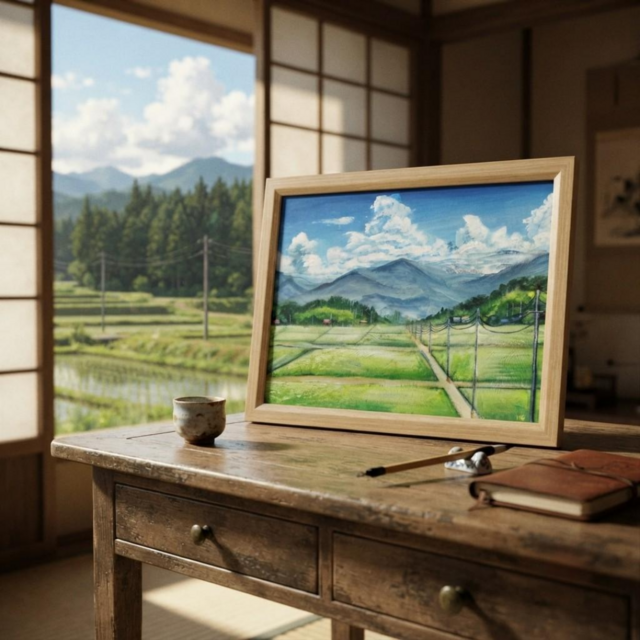 額縁付き日本田舎風景画 大きな油絵 あの夏の帰り道】広がる田園風景と入道雲の油彩画（A4額縁絵画
