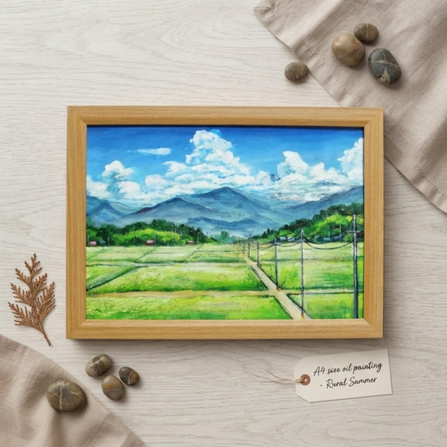あの夏の帰り道】広がる田園風景と入道雲の油彩画（A4額縁絵画
