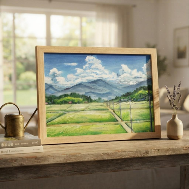 あの夏の帰り道】広がる田園風景と入道雲の油彩画（A4額縁絵画