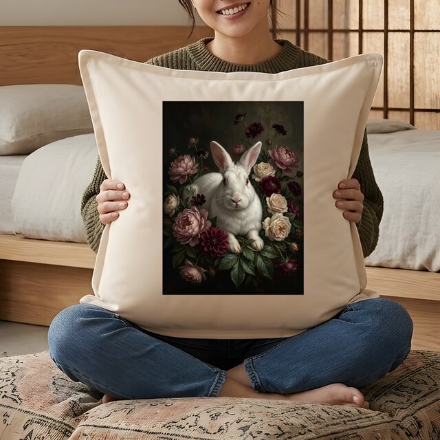 うさぎ（ニュージーランドホワイト）クッション 45cm 花の油絵風カラー