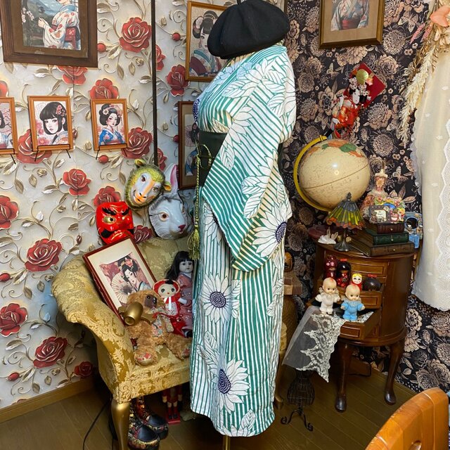 浴衣リメイク セミロング ワンピース ドレス 帯サッシュベルト 和洋