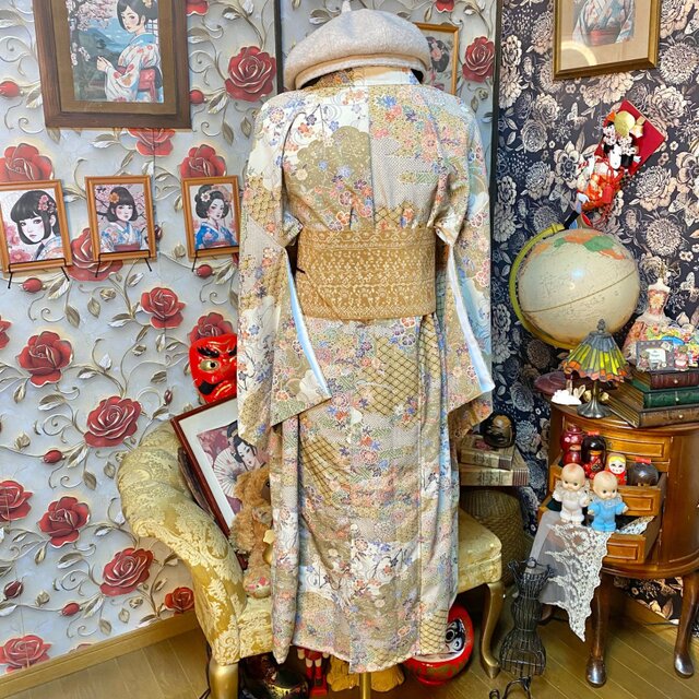 着物リメイク ワンピース ドレス 和洋折衷 洗える 化繊 名古屋帯 四季