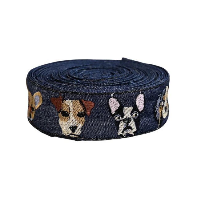 インド刺繍リボン50cm切り売り ドックフェイス 3.9cm デニムブルー 犬
