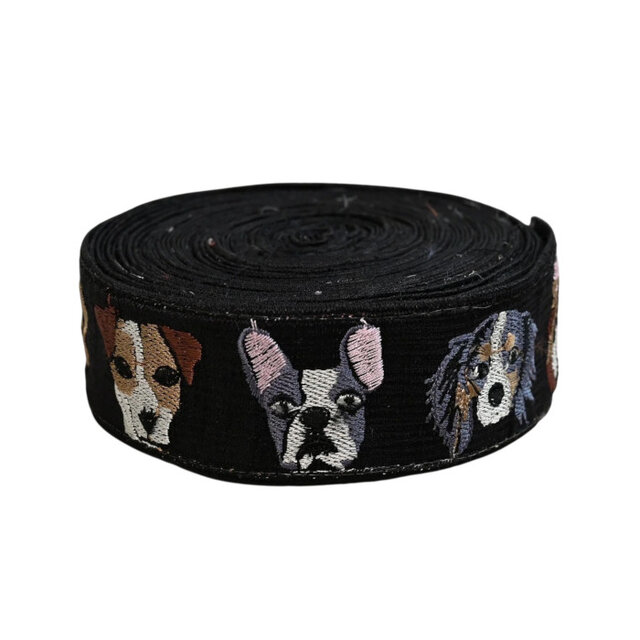 インド刺繍リボン50cm切り売り ドックフェイス 3.9cm ブラック 犬