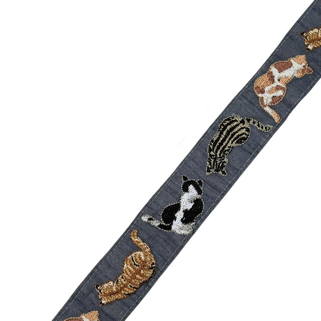 インド刺繍リボン50cm切り売り 猫の後ろ姿 3cm幅 グレー キャット ねこ