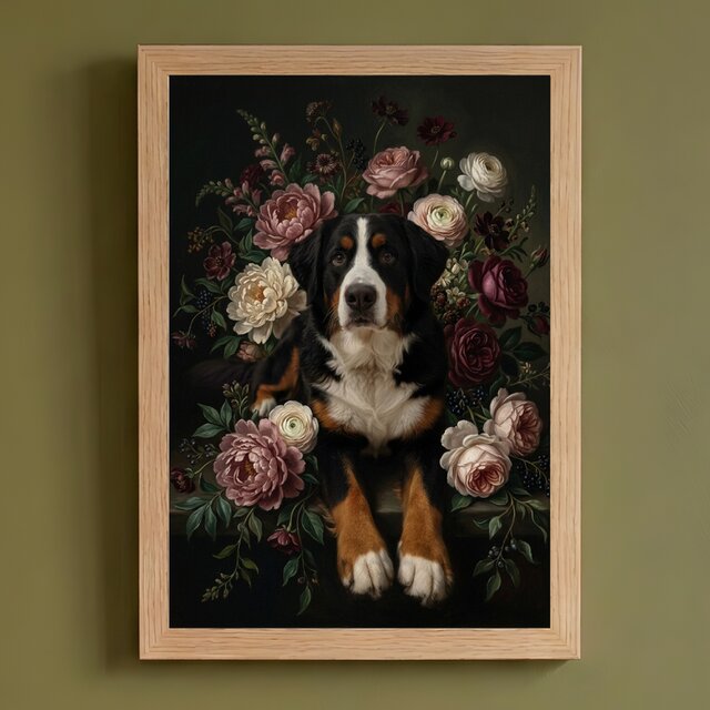 犬（バーニーズマウンテンドッグ）の花の油絵風アート A4額装