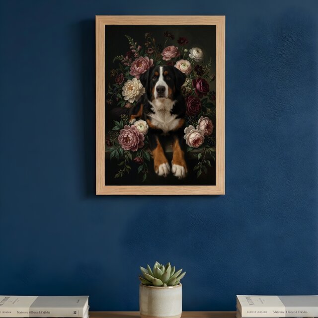 犬（バーニーズマウンテンドッグ）の花の油絵風アート A4額装