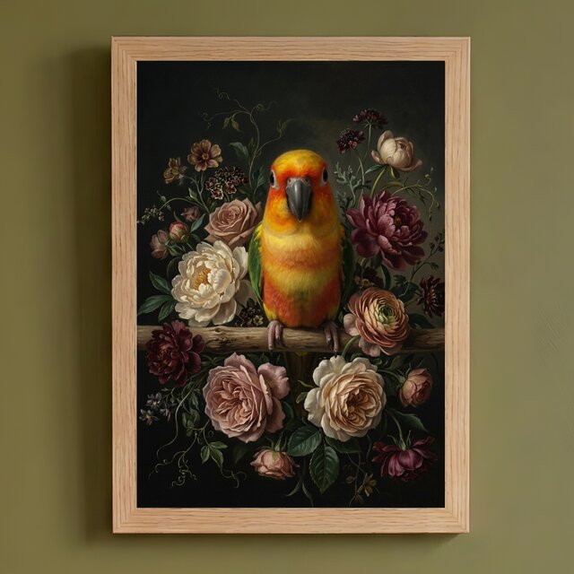 インコ（ナナイロメキシコインコ）の花の油絵風アート A4額装