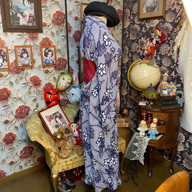 浴衣リメイク セミロングワンピース ドレス 帯 和洋折衷 深い藍色と白