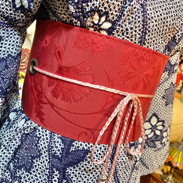浴衣リメイク セミロングワンピース ドレス 帯 和洋折衷 深い藍色と白