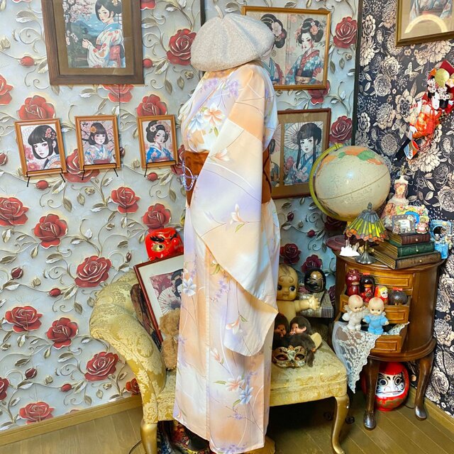 着物リメイク セミロング ワンピース ドレス 和洋折衷 洗える 化繊