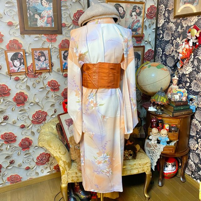 ［試着のみ美品］着物リメイク☆上品な花柄ワンピース 着物リメイク セミロング ワンピース ドレス 和洋折衷 洗える 化繊