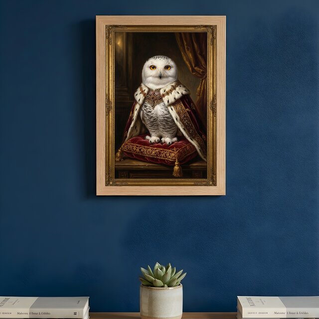 シロフクロウのルネサンス風肖像画 油絵風アートA4額装インテリア