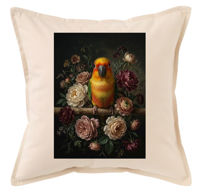 インコ（ナナイロメキシコインコ）クッション 45cm 花の油絵風カラー