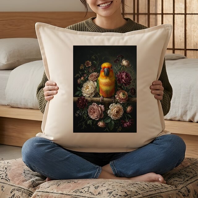 インコ（ナナイロメキシコインコ）クッション 45cm 花の油絵風カラー