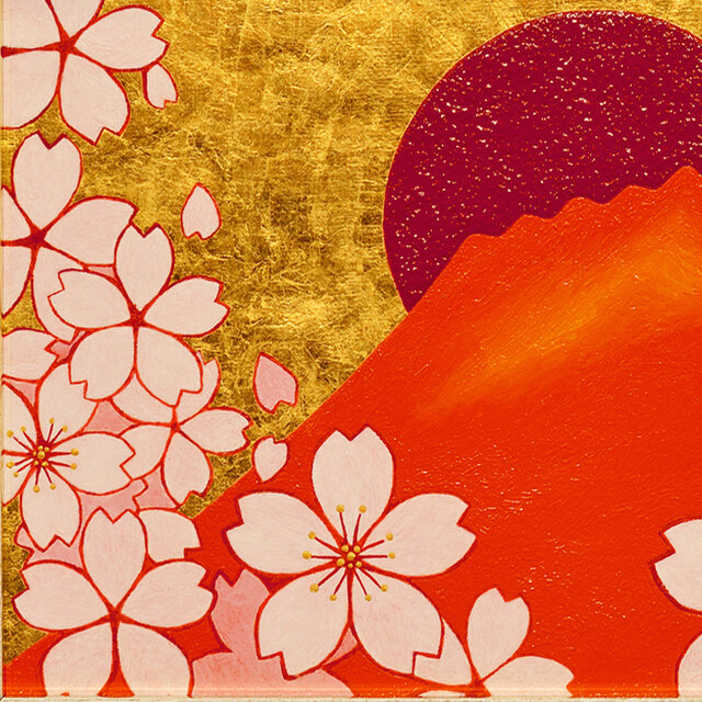 ◎『桜と赤富士』○がんどうあつし和洋絵画油絵原画○24K純金箔使用