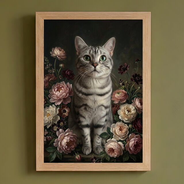 猫（アメリカンショートヘア）の花に囲まれた油絵風アート A4額装