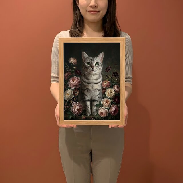猫（アメリカンショートヘア）の花に囲まれた油絵風アート A4額装