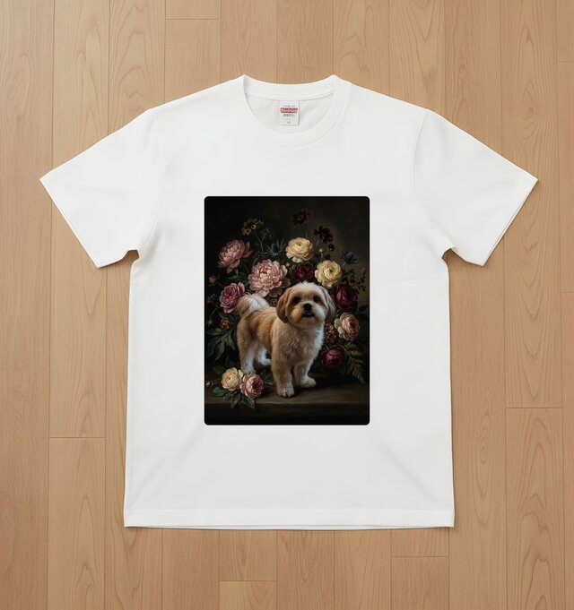 犬（シーズー）半袖Tシャツ 花の油絵風アート ホワイト 男女兼用