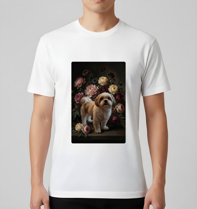 犬（シーズー）半袖Tシャツ 花の油絵風アート ホワイト 男女兼用